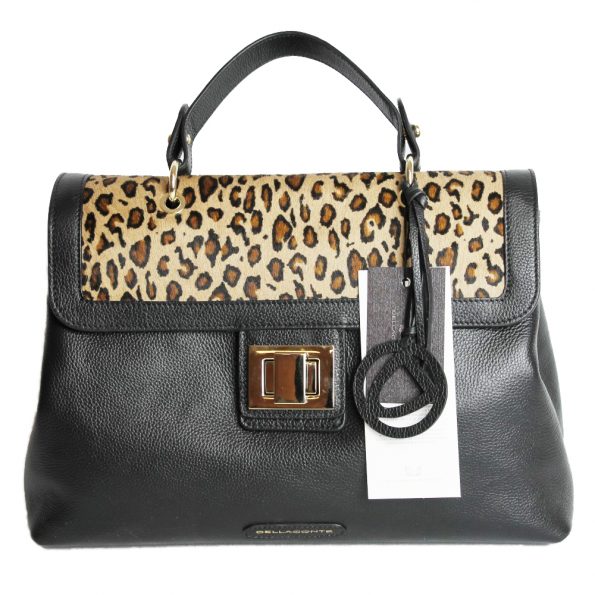 geanta dama din piele naturala dellaconte leopard cu negru fata